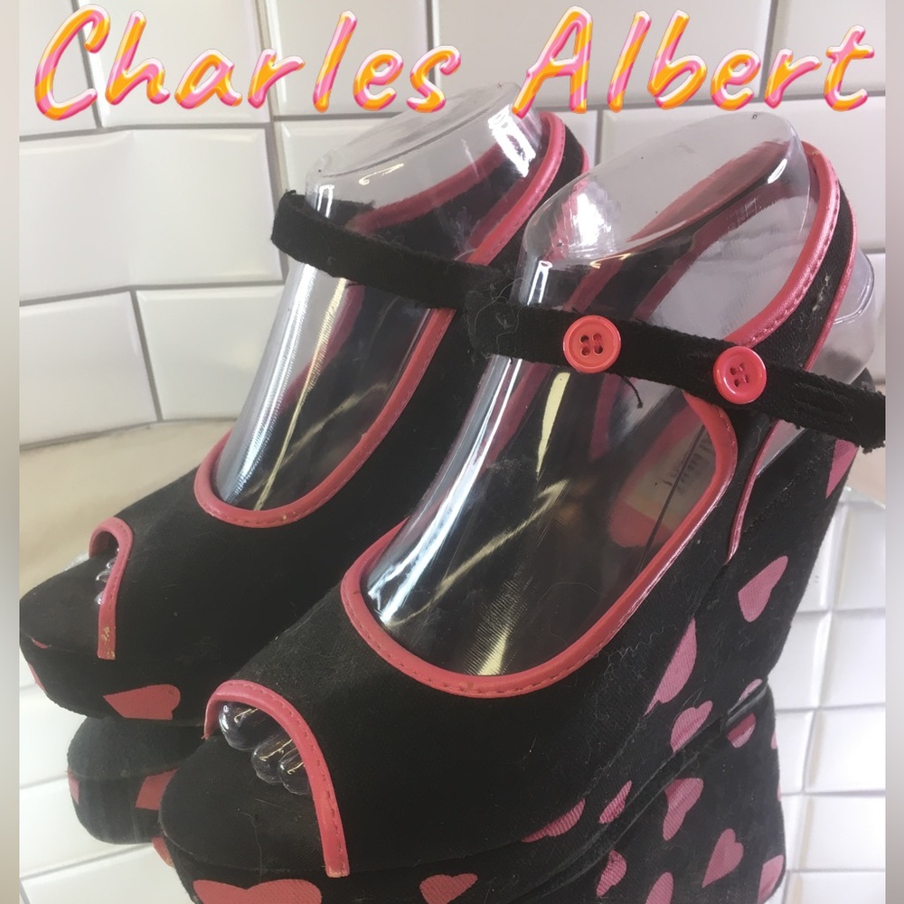 Charles Albert Wedge Heels Sandals Peep Toe Canvas Black Pink Hearts Womens 8